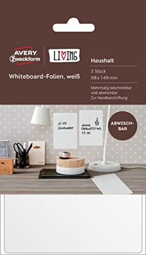 AVERY Zweckform 62013 Living Whiteboard Folien (beschreibar und abwischbar, 98 x 149 mm) 3 Stück weiß von AVERY Zweckform