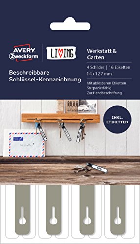 AVERY Zweckform 62030 Living Schlüssel Kennzeichnung (16 Etiketten, 4 Schilder, beschreibbar, 14 x 127 mm) grau/weiß von AVERY Zweckform