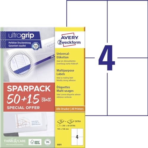 AVERY Zweckform 6601 Universal Etiketten (200 plus 60 Klebeetiketten extra, 105x148mm auf A4, Papier matt, bedruckbare Versandetiketten, selbstklebende Versandaufkleber mit ultragrip) 65 Blatt, weiß von AVERY Zweckform