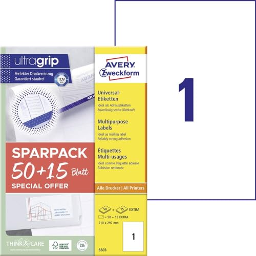 AVERY Zweckform 6603 Universal Etiketten (50 plus 15 Klebeetiketten extra, 210x297mm auf A4, Papier matt, bedruckbare Versandetiketten, selbstklebende Versandaufkleber mit ultragrip) 65 Blatt, weiß von AVERY Zweckform