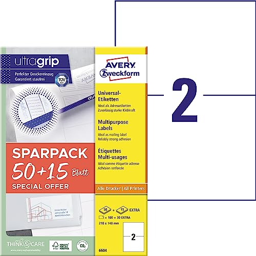 AVERY Zweckform 6604 Universal Etiketten (100 plus 30 Klebeetiketten extra, 210x148mm auf A4, bedruckbare Versandetiketten, selbstklebende Versandaufkleber mit ultragrip, DHL) 65 Blatt, weiß von AVERY Zweckform