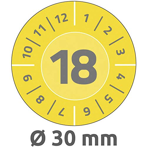 AVERY Zweckform 6942 fälschungssichere Jahres-Prüfplaketten 2018 (stark selbstklebend, Kleinformat, Ø 30 mm, 80 Aufkleber auf 10 Blatt, handbeschriftbare Klebefolie zur Inventarkennzeichnung) gelb von AVERY Zweckform