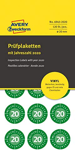 AVERY Zweckform 6943-2020 widerstandsfähige Jahres-Prüfplaketten 2020, stark selbstklebend (Kleinformat, Ø 20 mm, 120 Aufkleber auf 8 Blatt) grün von AVERY Zweckform