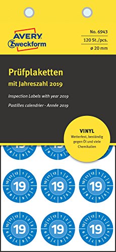 AVERY Zweckform 6943 widerstandsfähige Jahres-Prüfplaketten 2019 (stark selbstklebend, Kleinformat, Ø 20 mm, 120 Aufkleber auf 8 Blatt) blau von AVERY Zweckform