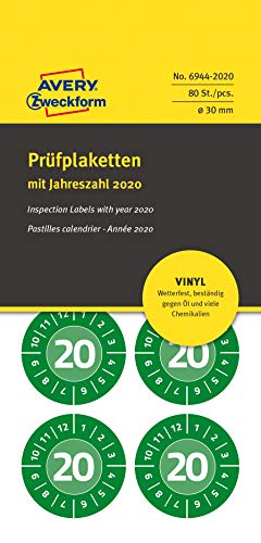 AVERY Zweckform 6944-2020 widerstandsfähige Jahres-Prüfplaketten 2020 (stark selbstklebend, Kleinformat, Ø 30 mm, 80 Aufkleber auf 10 Blatt) grün von AVERY Zweckform