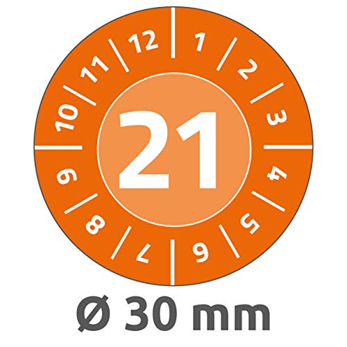 AVERY Zweckform 6944-2021 widerstandsfähige Jahres-Prüfplaketten 2021 (stark selbstklebend, Kleinformat, Ø 30 mm, 80 Aufkleber auf 10 Blatt) orange von AVERY Zweckform
