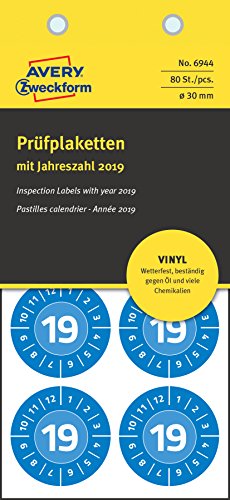 AVERY Zweckform 6944 widerstandsfähige Jahres-Prüfplaketten 2019 (stark selbstklebend, Kleinformat, Ø 30 mm, 80 Aufkleber auf 10 Blatt) blau von AVERY Zweckform