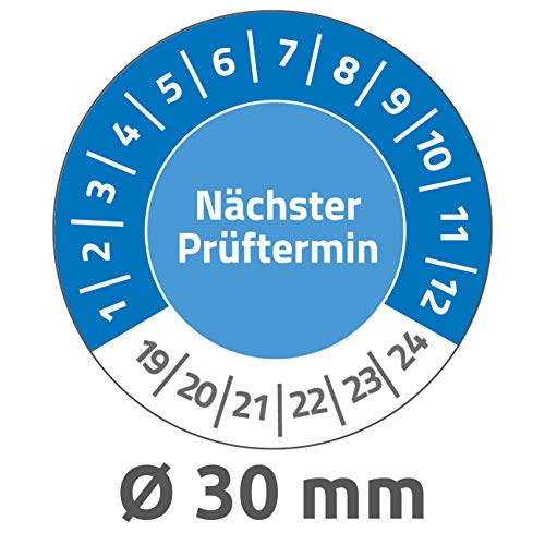 AVERY Zweckform 6988 widerstandsfähige Prüfplaketten Nächster Prüftermin 2019-2024 (stark selbstklebend, Kleinformat, Ø 30 mm, 80 Aufkleber auf 10 Blatt) blau von AVERY Zweckform