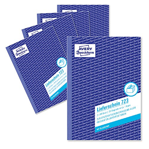 AVERY Zweckform 723-5 Lieferschein (A5, 2x50 Blatt, mit einem Blatt Blaupapier und einem blanko Durchschlag, zur systematischen Erfassung aller relevanten Lieferpositionen) 5er Pack, weiß von AVERY Zweckform