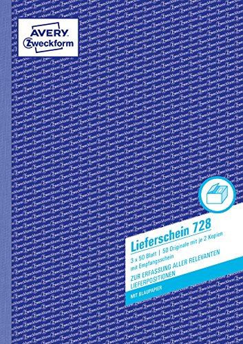 AVERY Zweckform 728 Lieferscheine (DIN A4, mit 2 Blatt Blaupapier, mit Empfangsschein, von Rechtsexperten geprüft, für Deutschland und Österreich geeignet,3 x 50 Blatt) weiß, gelb, rosa von AVERY Zweckform