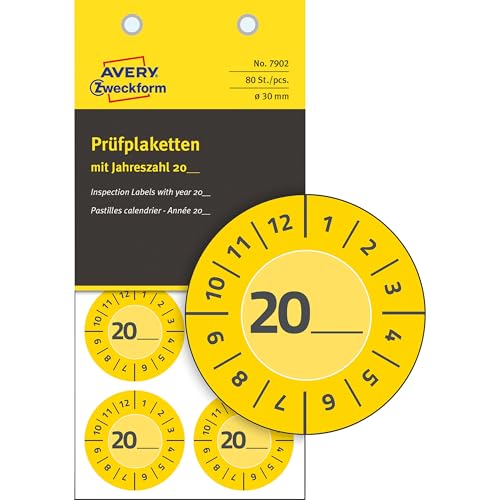 AVERY Zweckform 80 Stück Prüfplaketten 20xx (mit Jahreszahl zum selber eintragen, widerstandsfähig, stark selbstklebend, Ø30 mm, Prüfaufkleber, beschriftbare Prüfsiegel aus Vinyl-Klebefolie) 7902 gelb von AVERY Zweckform