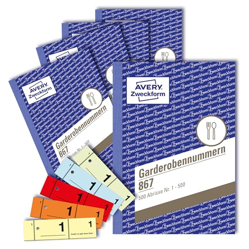 AVERY Zweckform 867-5 Garderobennummern (A6, 2.500 durchnummerierte Abrisse von 1-500 pro Block, je 100 Stück in einer anderen Farbe, 5 Blöcke mit je 500 Nummern) gelb, orange, rot, blau, grün von AVERY Zweckform