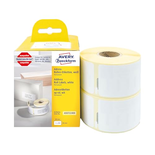 AVERY Zweckform AS0722400 Dymo LabelWriter Adressetiketten kompatibel zu S0722400 (36x89mm, 2 Rollen|520 Adressaufkleber, selbstklebend, für LW Dymo Etikettendrucker/Beschriftungsgerät/Etikettenband) AVERY Zweckform AS0722400 Dymo LabelWriter Adressetiketten kompatibel zu S0722400 (36x89mm, 2 Rollen|520 Adressaufkleber, selbstklebend, für LW Dymo Etikettendrucker/Beschriftungsgerät/Etikettenband) von AVERY Zweckform