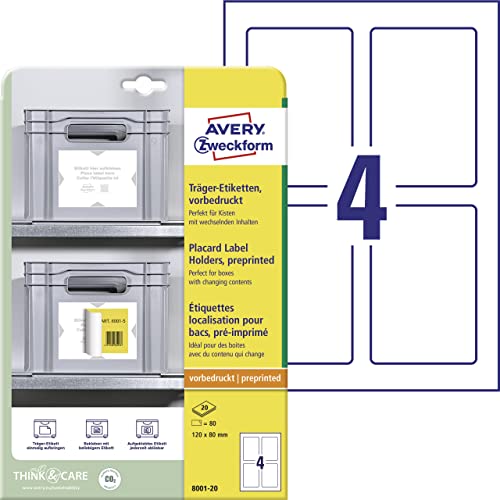 AVERY Zweckform Art. 8001-20 Träger-Etiketten (80 Etikettenhalter, 120x80mm, beliebig oft mit allen Etiketten beklebbar ohne Rückstände, für Regale, Boxen, Behälter in Lager & Logistik) 20 Blatt, weiß von AVERY Zweckform