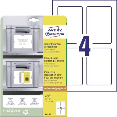 AVERY Zweckform Art. 8001-20 Träger-Etiketten (80 Etikettenhalter, 120x80mm, beliebig oft mit allen Etiketten beklebbar ohne Rückstände, für Regale, Boxen, Behälter in Lager & Logistik) 20 Blatt, weiß von AVERY Zweckform