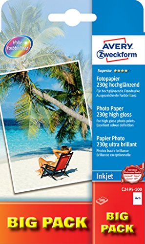 AVERY Zweckform C2495-100 Superior Inkjet Fotopapier (100 Blatt, 230 g/m², DIN A6 Papier, einseitig beschichtet, hochglänzend, ausgezeichnete Farbbrillanz, Tintenstrahldrucker, sofort trocken) von AVERY Zweckform