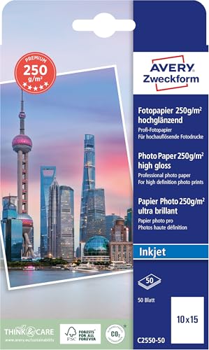 AVERY Zweckform C2550-50 Premium Inkjet Fotopapier (50 Blatt, 250 g/m², Format 10x15 mm, einseitig beschichtet, hochglänzend, für Fotodrucke in High Definition, Tintenstrahldrucker, sofort trocken) von AVERY Zweckform