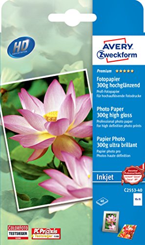 AVERY Zweckform C2553-40 Premium Inkjet Fotopapier (40 Blatt, 300 g/m², Format 10x15 mm, einseitig beschichtet, hochglänzend, für Fotodrucke in High Definition, Tintenstrahldrucker, sofort trocken) von AVERY Zweckform