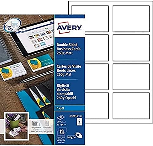 AVERY Zweckform C32015-25 Premium Visitenkarten, blanko (200 Stück, 260g, 85x54 mm, beidseitig bedruckbar, matt weiß, absolut glatte Kanten, 25 Blatt) zum Selbstbedrucken auf Inkjet-Druckern von AVERY Zweckform