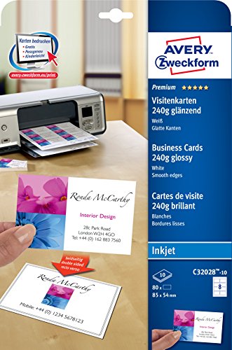 AVERY Zweckform C32028-10 Premium Visitenkarten, blanko (100 Stück, 240g, 85x54 mm, beidseitig bedruckbar, glänzend weiß, absolut glatte Kanten, 10 Blatt) zum Selbstbedrucken auf Inkjet-Druckern von AVERY Zweckform