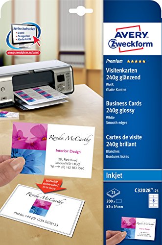 AVERY Zweckform C32028-25 Premium Visitenkarten, blanko (250 Stück, 240g, 85x54 mm, beidseitig bedruckbar, glänzend weiß, absolut glatte Kanten, 25 Blatt) zum Selbstbedrucken auf Inkjet-Druckern von AVERY Zweckform