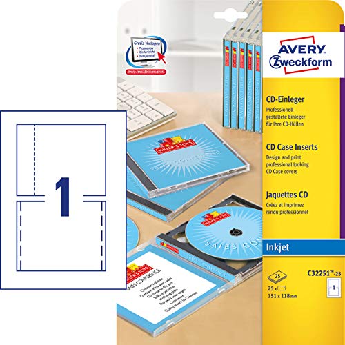 AVERY Zweckform C32250-25 CD-Einleger (25 CD-Cover, 151 x 118 mm auf A4, Vorder- und Rückseite für Standard-Cases, hochwertiges Kartenmaterial, mikroperforiert, Inlays für Inkjet-Drucker) 25 Blatt, weiß von AVERY Zweckform