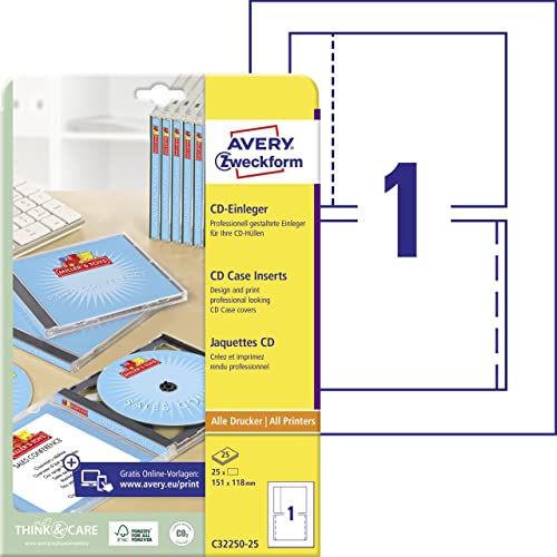 AVERY Zweckform C32250-25 CD-Einleger (25 CD-Cover, 151x118mm auf A4, Vorder- und Rückseite für Standard-Cases, hochwertiges Kartenmaterial, mikroperforiert, Inlays zum Bedrucken) 25 Blatt, weiß von AVERY Zweckform