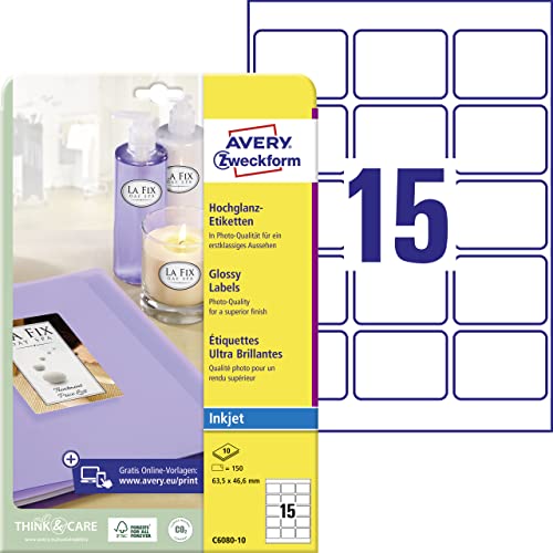 AVERY Zweckform C6080-10 Hochglanz-Etiketten (150 Glossy Aufkleber, 63,5x46,6mm auf A4, selbstklebend, bedruckbar, hochglänzendes Papier zur Produktkennzeichnung, für Inkjet-Drucker) 10 Blatt, weiß von AVERY Zweckform