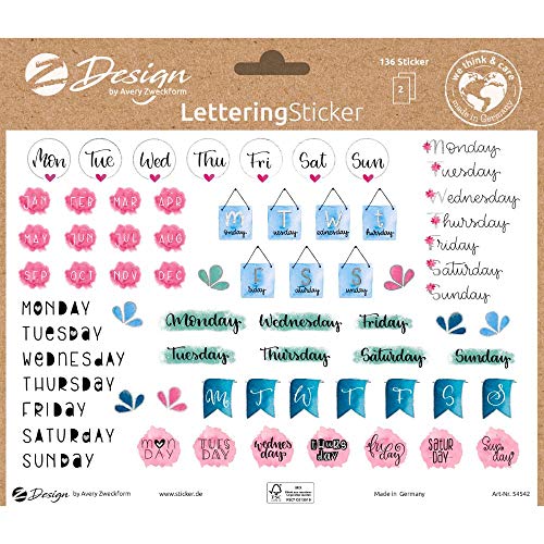 AVERY Zweckform Dekosticker 136 Aufkleber Wochentage und Monate (Sticker auf A5 Bogen, für Bullet Journal, Tagebuch, Familienkalender, Tagesplaner, Geschenke, Scrapbooking, mit Silbereffekt) 54542 von AVERY Zweckform