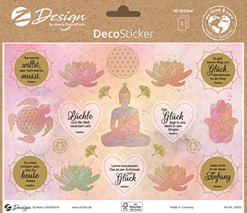 AVERY Zweckform Dekosticker 42 Aufkleber Buddha Lebensblume (Etiketten auf A5 Bogen, Klebeetiketten für Geschenke und Karten, Sprüche und Weisheiten, mit Goldeffekt) 54562 von AVERY Zweckform