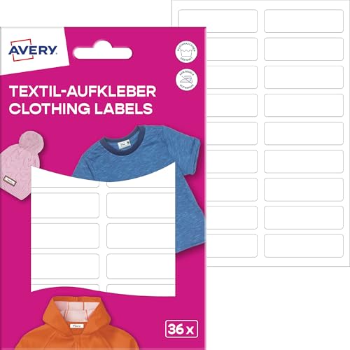AVERY Zweckform ETVET36 Namensaufkleber wasserfest für Kleidung 36 Stück (13x45mm, Vinyl-Folie, selbstklebende Textil-Etiketten, beschriftbare Textilaufkleber, für Waschmaschine, Trockner) weiß von AVERY Zweckform