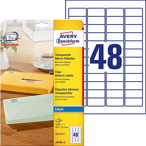 AVERY Zweckform J4720-25 Adressetiketten/Adressaufkleber (1.200 Etiketten, 45,7x21,2mm auf A4, bedruckbar, selbstklebend, für Absenderetiketten, Polyesterfolie, Inkjet-Drucker) 25 Blatt, transparent von AVERY Zweckform