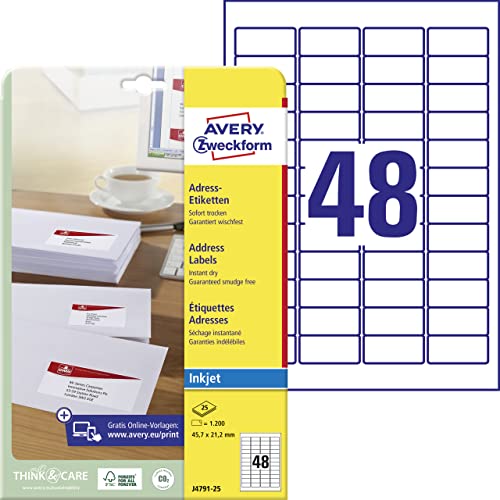 AVERY Zweckform J4791-25 Adressetiketten/Adressaufkleber (1.200 Etiketten, 45,7x21,2mm auf A4, bedruckbar, selbstklebend, für Absenderetiketten, Papier matt, Inkjet-Drucker) 25 Blatt, weiß von AVERY Zweckform