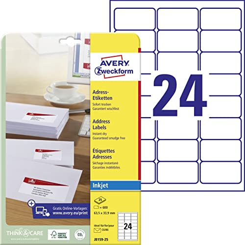 AVERY Zweckform J8159-25 Adressetiketten/Adressaufkleber (600 Etiketten, 63,5x33,9mm auf A4, bedruckbar, selbstklebend, für DIN B6/C6 Briefkuverts, Papier matt, Inkjet-Drucker) 25 Blatt, weiß von AVERY Zweckform