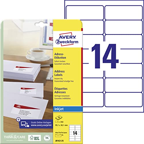 AVERY Zweckform J8163-25 Adressetiketten/Adressaufkleber (350 Etiketten, 99,1x38,1mm auf A4, bedruckbar, selbstklebend, für DIN lang Briefkuverts, Papier matt, Inkjet-Drucker) 25 Blatt, weiß von AVERY Zweckform