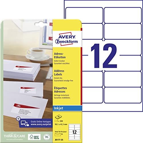 AVERY Zweckform J8177-25 Adressetiketten/Adressaufkleber (300 Etiketten, 99,1x42,3mm auf A4, bedruckbar, selbstklebend, für DIN lang Briefkuverts, Papier matt, Inkjet-Drucker) 25 Blatt, weiß von AVERY Zweckform