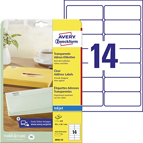 AVERY Zweckform J8563-25 Adressetiketten/Adressaufkleber (350 Etiketten, 99,1x38,1mm auf A4, bedruckbar, selbstklebend, für DIN lang Briefkuverts, Polyesterfolie, Inkjet-Drucker) 25 Blatt, transparent von AVERY Zweckform