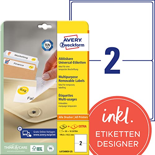 AVERY Zweckform L4734REV-25 Universal-Etiketten (50 plus 10 Klebeetiketten extra, 199,6x143,5mm auf A4, wieder rückstandsfrei ablösbar/abziehbar, bedruckbar, selbstklebende Aufkleber) 30 Blatt, weiß von AVERY Zweckform