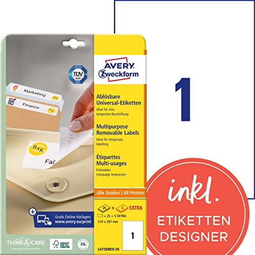 AVERY Zweckform L4735REV-25 Universal Etiketten (25 plus 5 Klebeetiketten extra, 210x297mm auf A4, wieder rückstandsfrei ablösbar/abziehbar, bedruckbar, selbstklebende Aufkleber) 30 Blatt, weiß von AVERY Zweckform