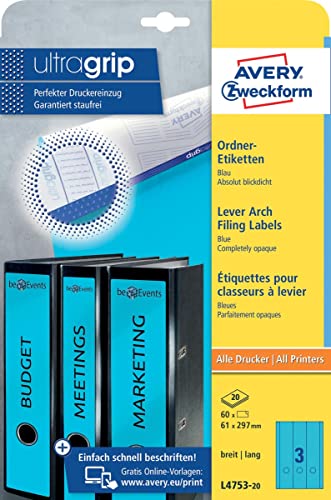 AVERY Zweckform L4753-20 Ordnerrücken Etiketten (60 Rückenschilder mit ultragrip, 61x297mm auf A4, breit/lang, selbstklebend, absolut blickdicht, bedruckbare Ordneretiketten) 20 Blatt, blau von AVERY Zweckform