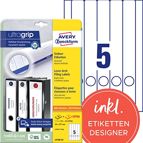 AVERY Zweckform L4758-25 Ordnerrücken Etiketten (150 Rückenschilder mit ultragrip, 38x297mm auf A4, schmal/lang, selbstklebend, absolut blickdicht, bedruckbare Ordneretiketten) 30 Blatt, weiß von AVERY Zweckform