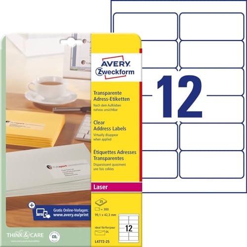 AVERY Zweckform L4772-25 Adressetiketten/Adressaufkleber(300 Etiketten, 99,1x42,3mm auf A4, bedruckbar, selbstklebend, für DIN lang Kuverts + Deutsche Post INTERNETMARKE) 25 Blatt, transparent von AVERY Zweckform