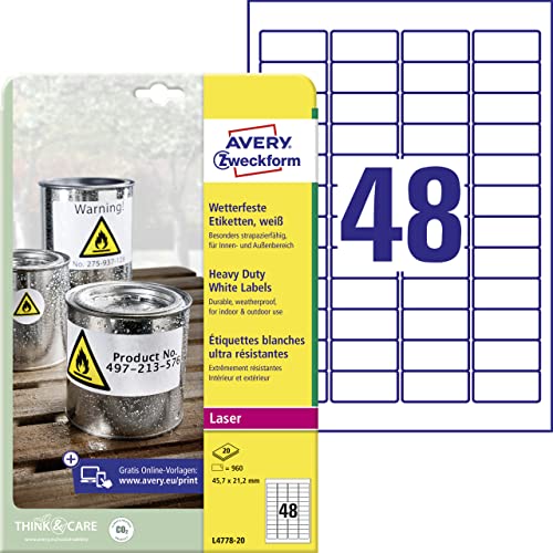 AVERY Zweckform L4778-20 Wetterfeste Folienetiketten (960 Klebeetiketten, 45,7x21,2mm auf A4, extrem stark selbstklebend, wasserfest, strapazierfähig, bedruckbare Outdoor Klebefolie) 20 Blatt, weiß von AVERY Zweckform