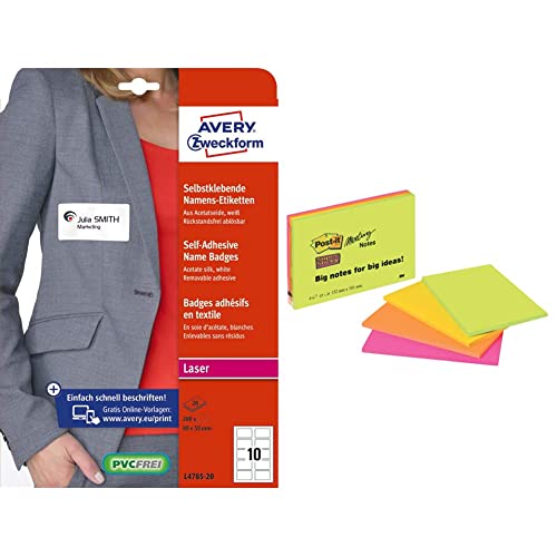 AVERY Zweckform L4785-20 Namensetiketten 20 Blatt, weiß & Post-it Super Sticky Meeting Notes 6445-4SS – Selbstklebende Haftnotizzettel in 152 x 101 mm – 4 Notizblöcke rechteckig à 45 Blatt in 4 Farben von AVERY Zweckform