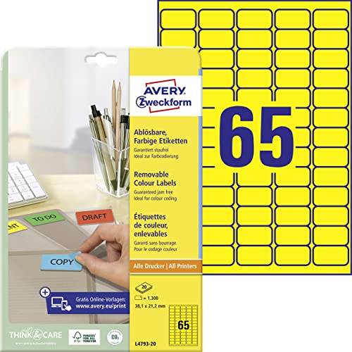 AVERY Zweckform L4793-20 Gelbe Etiketten (1.300 Aufkleber, 38,1x21,2 mm auf A4, wieder rückstandsfrei ablösbar, selbstklebende Farbetiketten, Papier matt, bedruckbare, farbige Klebeetiketten) 20 Blatt von AVERY Zweckform