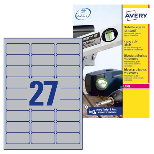 AVERY Zweckform L6011-8 Typenschild Folienetiketten (216 Aufkleber, 63,5x29,6mm auf A4, stark selbstklebend, strapazierfähig, wetterfest, bedruckbare Klebefolie, blanko) 8 Blatt, silber von AVERY Zweckform