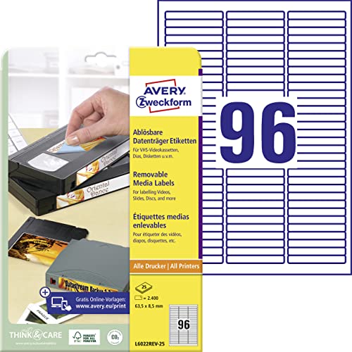 AVERY Zweckform L6022REV-25 Etiketten für Data Cartridges (2.400 Aufkleber, 63,5x8,5 mm auf A4, bedruckbar, selbstklebend, wiederablösbar, für Data Cartridges, HI8 und Travan) 25 Blatt, weiß von AVERY Zweckform