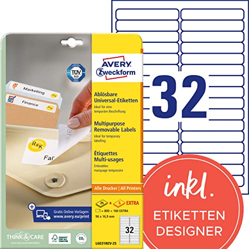 AVERY Zweckform L6031REV-25 Universal Etiketten (800 plus 160 Klebeetiketten extra, 96x16,9mm auf A4, wieder rückstandsfrei ablösbar/abziehbar, bedruckbar, selbstklebende Aufkleber) 30 Blatt, weiß von AVERY Zweckform