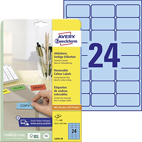 AVERY Zweckform L6032-20 Blaue Etiketten (480 Aufkleber, 63,5x33,9mm auf A4, wieder rückstandsfrei ablösbar, selbstklebende Farbetiketten, Papier matt, bedruckbare, farbige Klebeetiketten) 20 Blatt von AVERY Zweckform