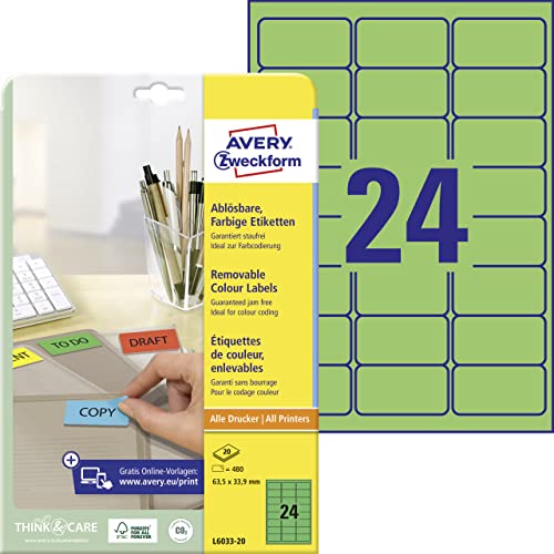 AVERY Zweckform L6033-20 Grüne Etiketten (480 Aufkleber, 63,5x33,9mm auf A4, wieder rückstandsfrei ablösbar, selbstklebende Farbetiketten, Papier matt, bedruckbare, farbige Klebeetiketten) 20 Blatt von AVERY Zweckform